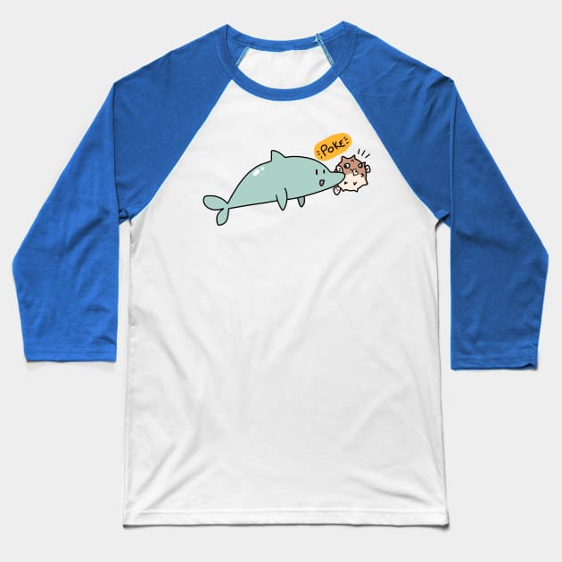 Dolphin Poking a Blow Fish Baseball T-Shirt by saradaboru